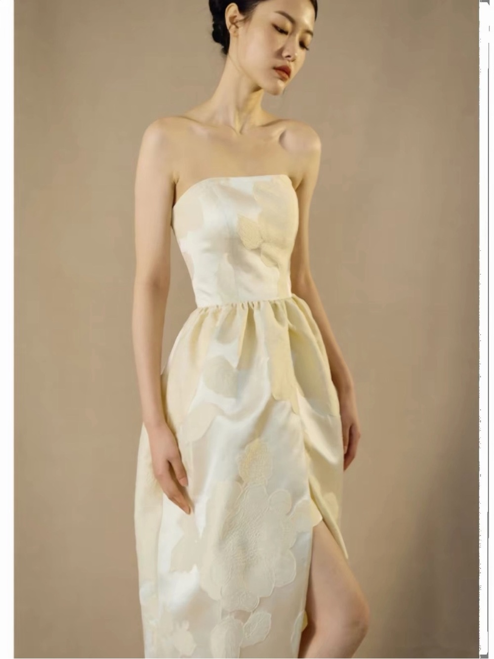 Strapless Floral Jacquard Midi Dress in Ivory